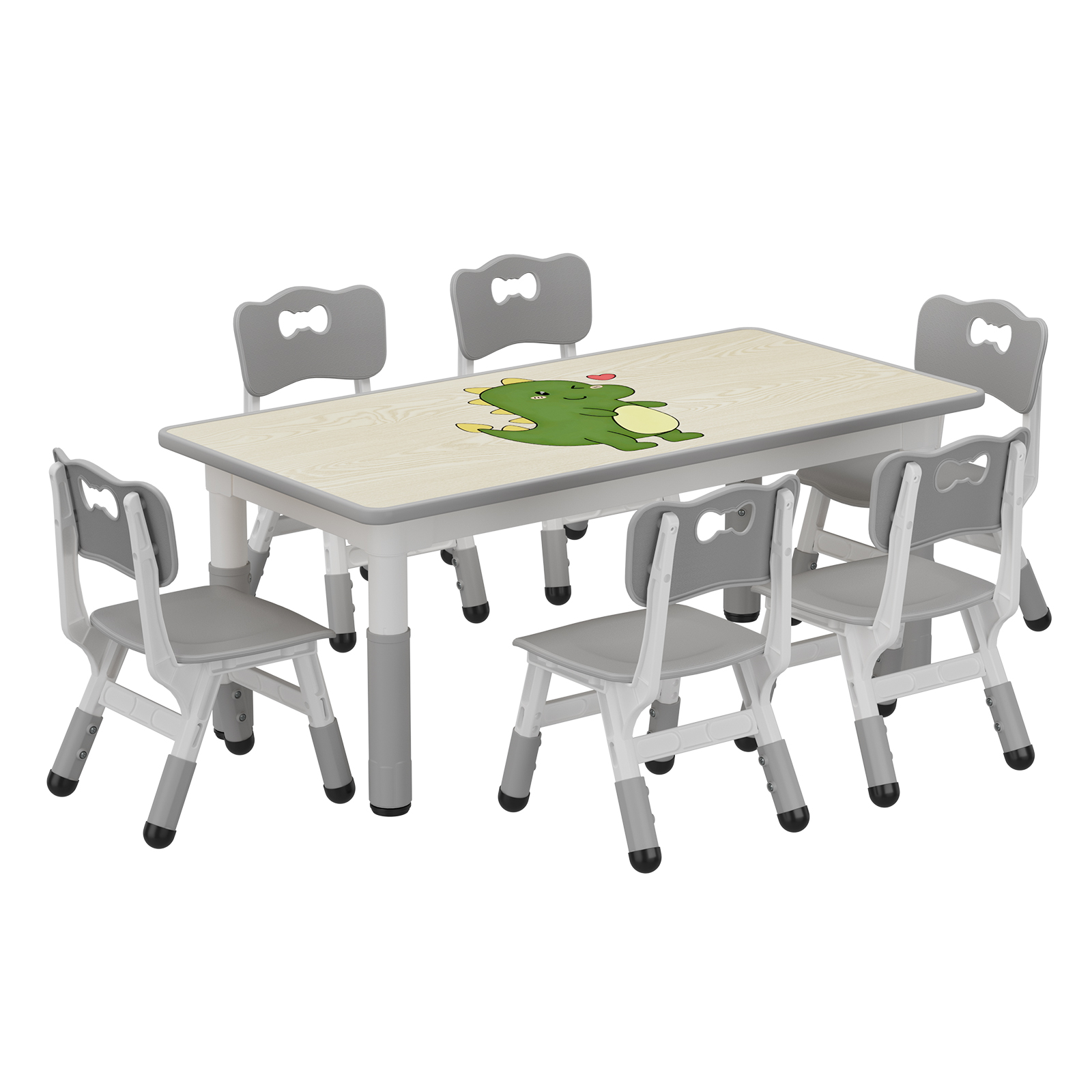 Kids Table and 6 Chairs Set, Height Adjustable Toddler Table and Chair Set, Graffiti Desktop, Children Study Table for 6 for Home Daycare Preschool for Ages 2-10