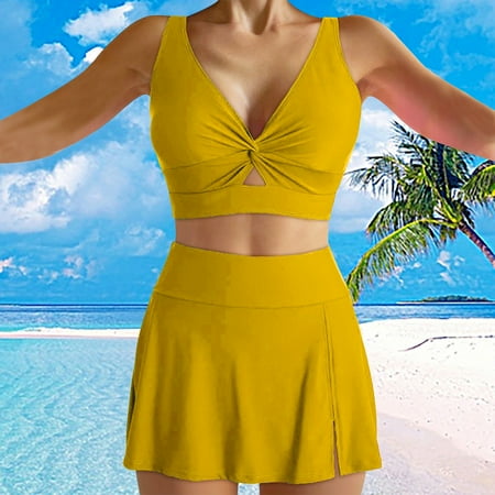 Rigardu Hot Sale!! Women s Bikini Set 2 Piece High Waisted Swimsuit Knot Twist Cut Out Top Split Swim Skirt Bathing Suit Women s Resort Beach Bikini with Breast Pad Without Brackets Gold L