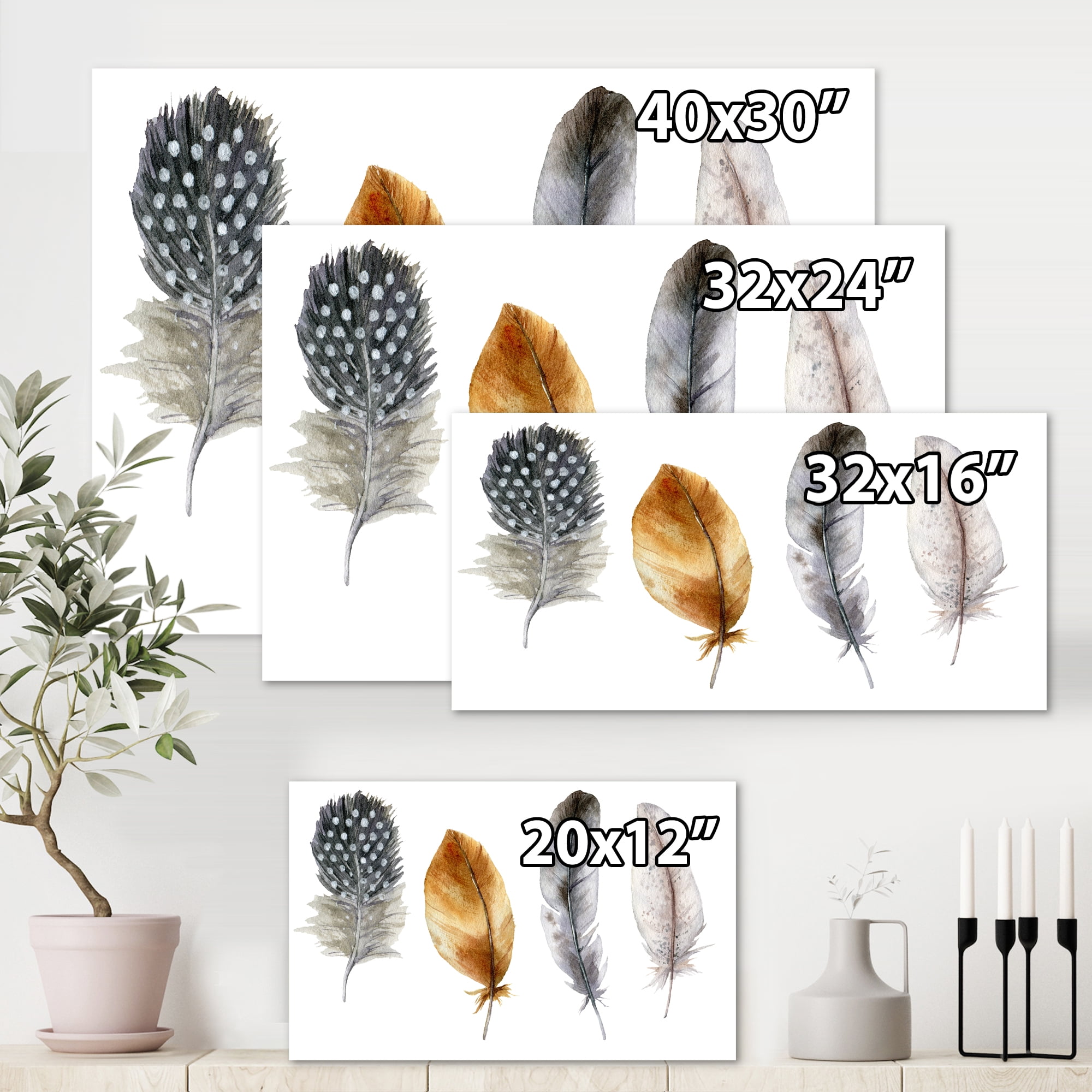 Designart ' Boho Feather In Blue and Orange Striped & Polka Dost ' Bohemian & Eclectic Canvas Wall Art Print