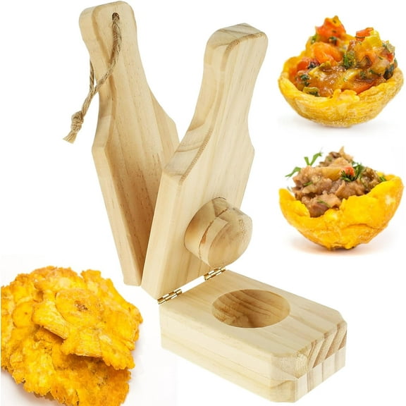 WZW Wooden Tostones Plantain Press with Handle Bamboo Banana Smasher Green Plantain Smasher Maker Easy Storage for Fried Planta Chips and Tostones Cups (6.3×2.36×2.3inch)