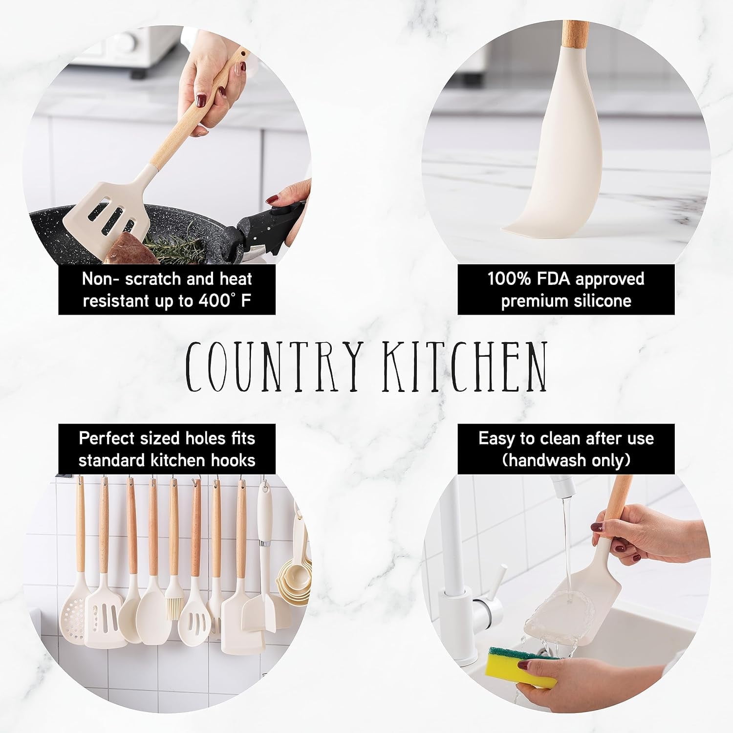 Country Kitchen 38-Pc Cooking Utensils Set Silicone Spatula & Kitchen Gadgets, Khaki