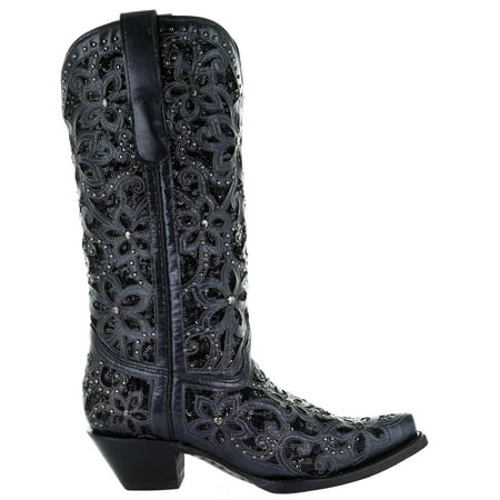 

Corral Boots Womens Floral Studded Rhinestones Sequins TooledInlay Snip Toe