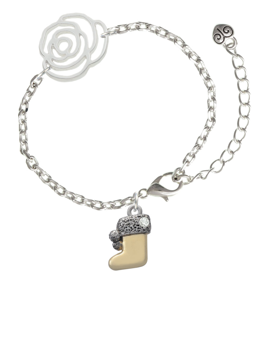 Delight Jewelry Two-tone 3-D Stocking with Clear Crystal Silver-tone Flower Link Chain Bracelet, 6.75"+2" Extender
