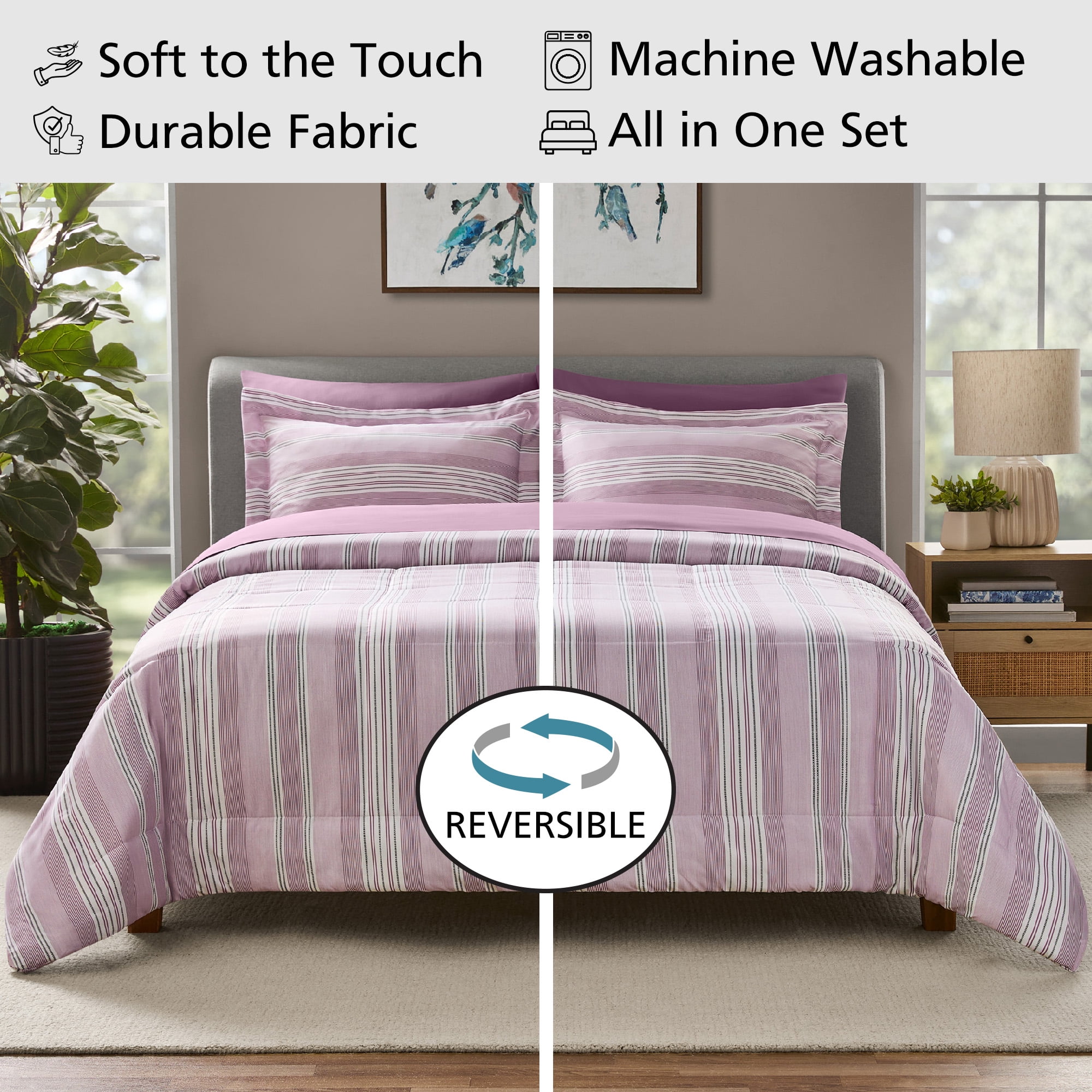 Mainstays 7-Piece Reversible Bed in a Bag Comforter and Sheet Set, Full, Purple and White Stripe