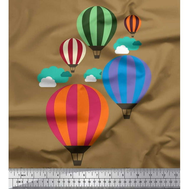 Soimoi Brown polyester Crepe Fabric Cloud & Hot Air Balloon Holiday Print Fabric by Yard 42 Inch Wide