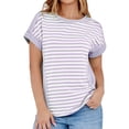 thumbnail image 2 of Hauts à Encolure Carrée pour Femmes Ndbuld T-Shirts pour Femmes à Rayures et Blocs de Couleur Col Rond Manches Courtes Décontracté pour l'Entraînement Blouses Amples Été en Liquidation, Noir, P, 2 of 9
