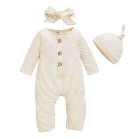 

NZRVAWS Baby Girls Outfits 0 Months Baby Girls Solid Color 3 Months Baby Girls Romper Floral Hat Headband 3Pcs Winter Clothes Set Apricot
