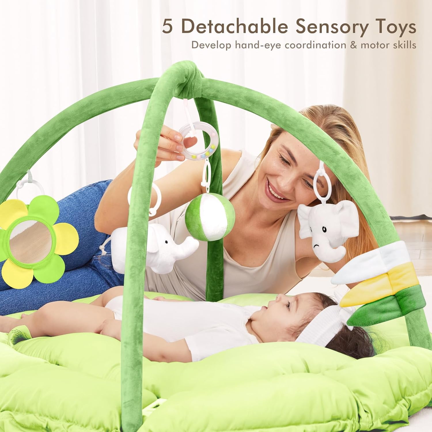 5 in 1 Baby Play Gym Mat, Reversible Tummy Time Mat with 5 Sensory Toys for Stage-Based Developmental, Thick & Large Baby Activity Center from Newborn to Toddler (Green)