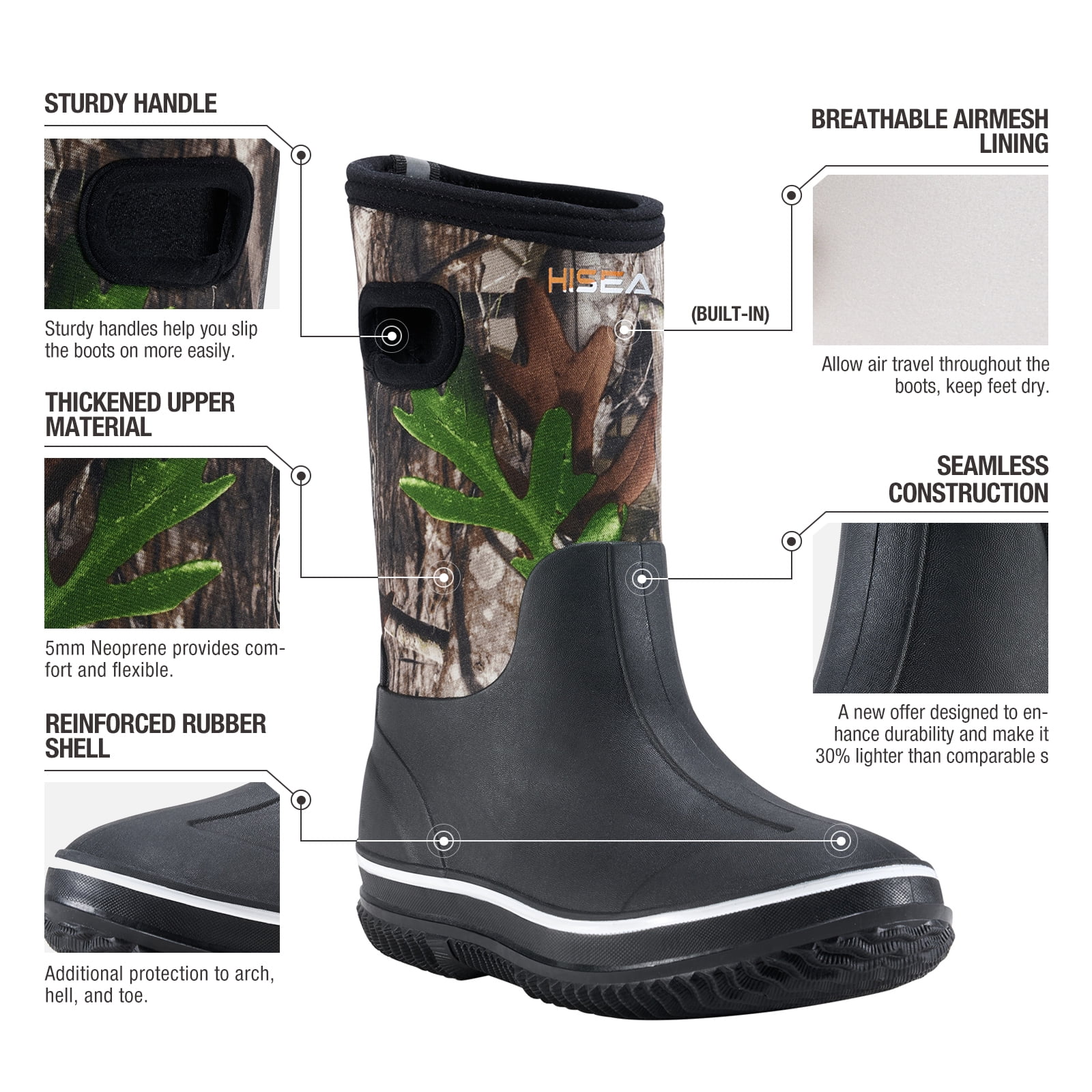 HISEA Kids Rain Boots for Boys Girls, Waterproof Insulated Rubber Neoprene Boots, Seamless Outdoor Boots with Handles Rainboot All Weather Mud Boots for Rain, Snow, Winter and Muck, Size 1LK Camo