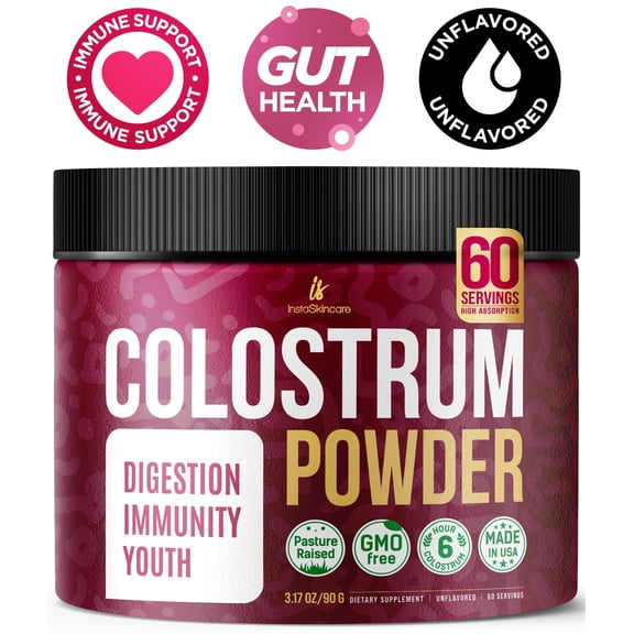 InstaSkincare Bovine Colostrum Powder Grass Fed Unflavored Immune Support 3.17oz (90g)