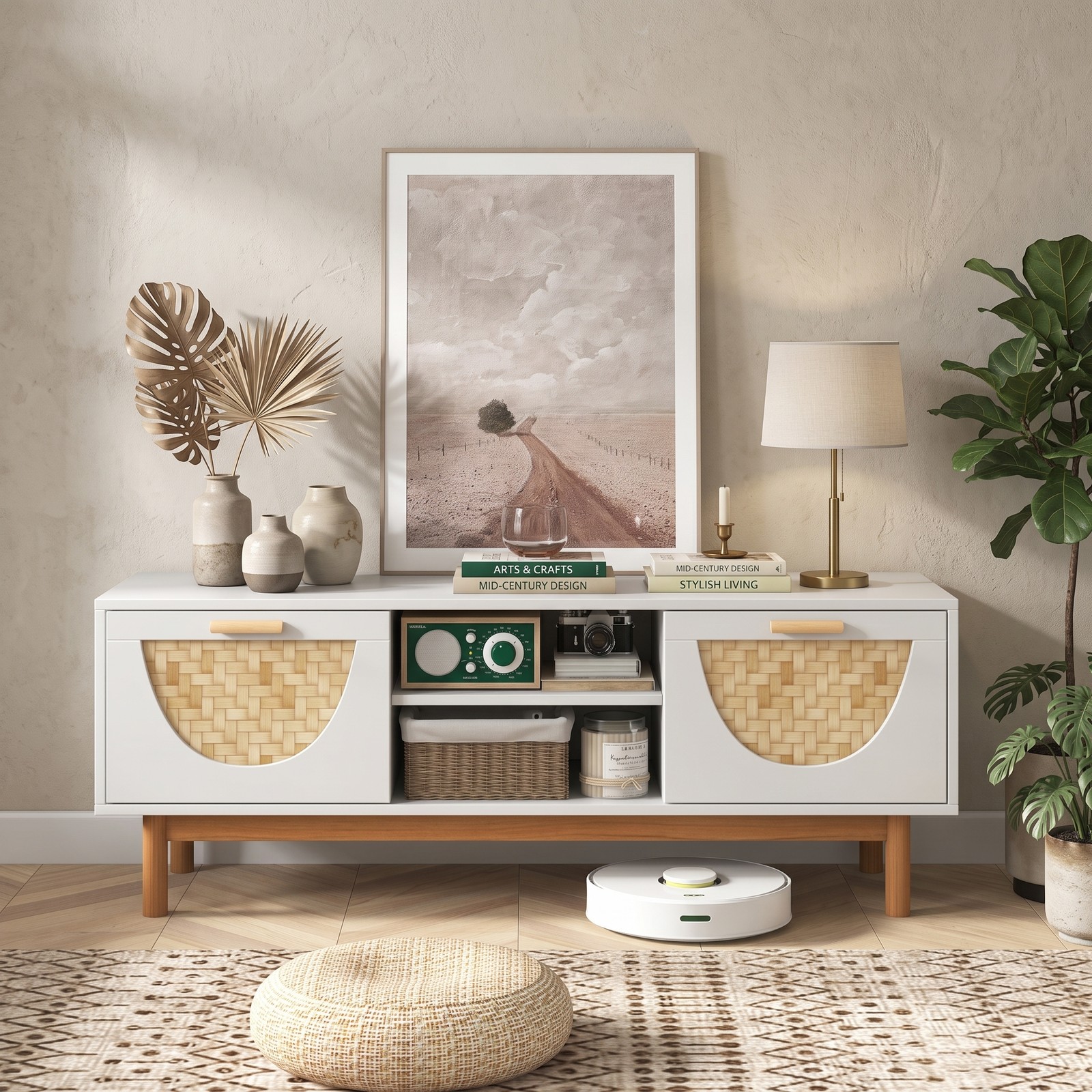 Furnibear Mid Century Modern TV Stand Entertainment Center for 55 Inch TV, Wood Media Console with 2 Drawers, 2 Open Shelves and Bamboo Woven, White and Natural