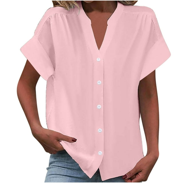 Timegard Short Sleeve Tops for Women Summer V-Neck Button down Shirts Solid Color Office Casual Loose Tops