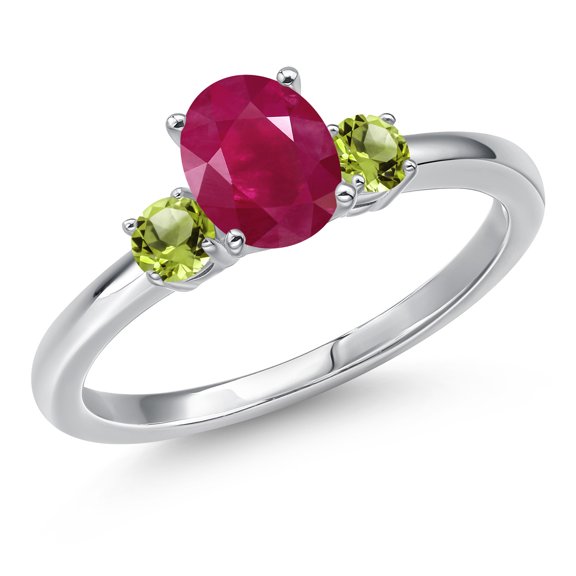 Gem Stone King 14K White Gold Red Ruby and Green Peridot Engagement Ring for Women | 1.24 Cttw | Oval 7X5MM | Gemstone July Birthstone | Size 8