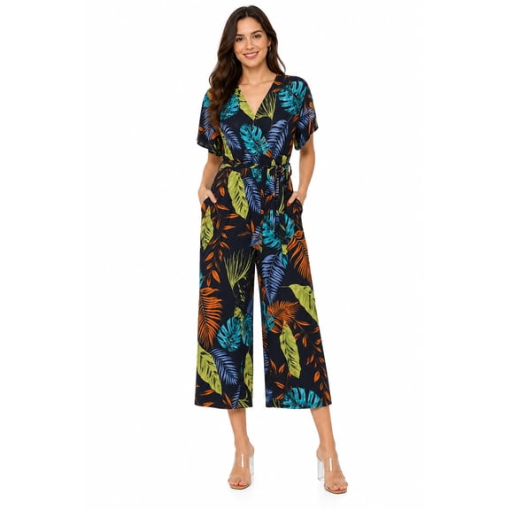 Women's Tropical Print Short Sleeve Wide Leg Jumpsuit with Tie Waist Detail Black 1XL