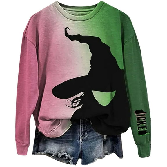 Tiweut Women's Sweatshirts Outdoor Gradient Color Print Witch Graphic Long Sleeve Crew Neck Loose Fit Pullover Blouses Green,L