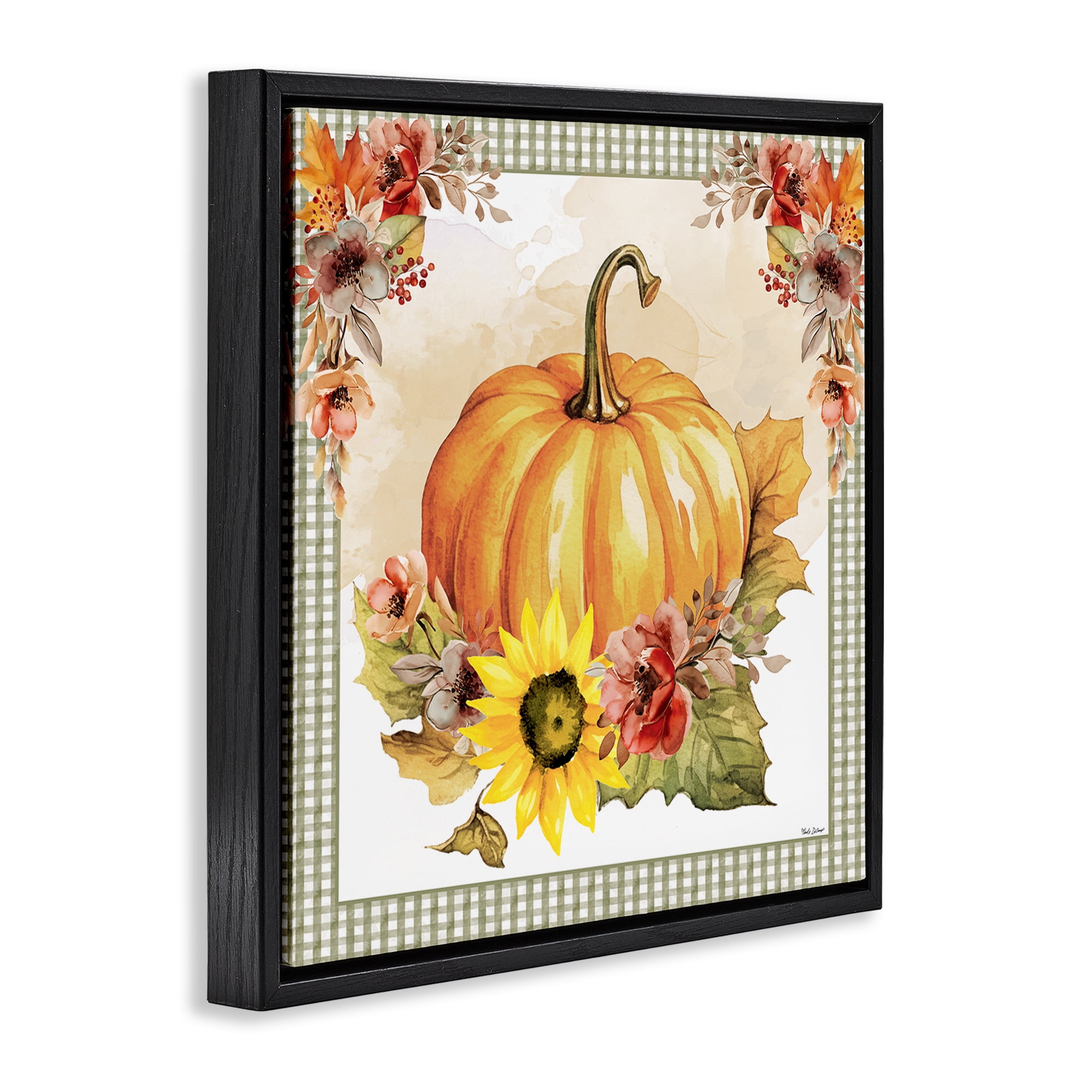 Stupell Industries Pumpkin with Flower Accent Botanical & Floral Painting Black Floater Framed Canvas Art Prints Wall Art, 25 x 25