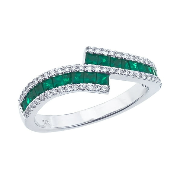 14k White Gold Emerald and Diamond Bypass Ring