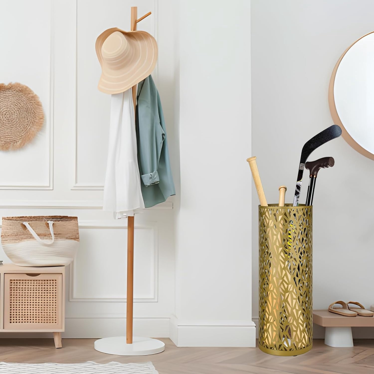 Metal Round Umbrella Stand Rack,Free Standing Umbrella Holder Bin, Canes Walking Sticks Holder for Entryway, Home, Office,Gold