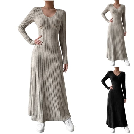 Ashirexll Long Sleeve Maxi Dress, Winter Dress for Women, Womens Fall Winter Slim Fashion Knitted Solid Color Long Sleeve A-Line Street Dress Elegant Casual