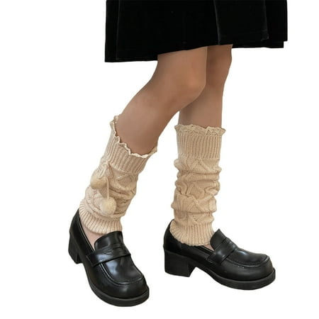 

Genuiskids Knee High Leg Warmers for Women Kawaii Chunky Cable Knit Footless Stretch Thigh-High Socks Japanese Flared Long Boot Socks with Plush Balls