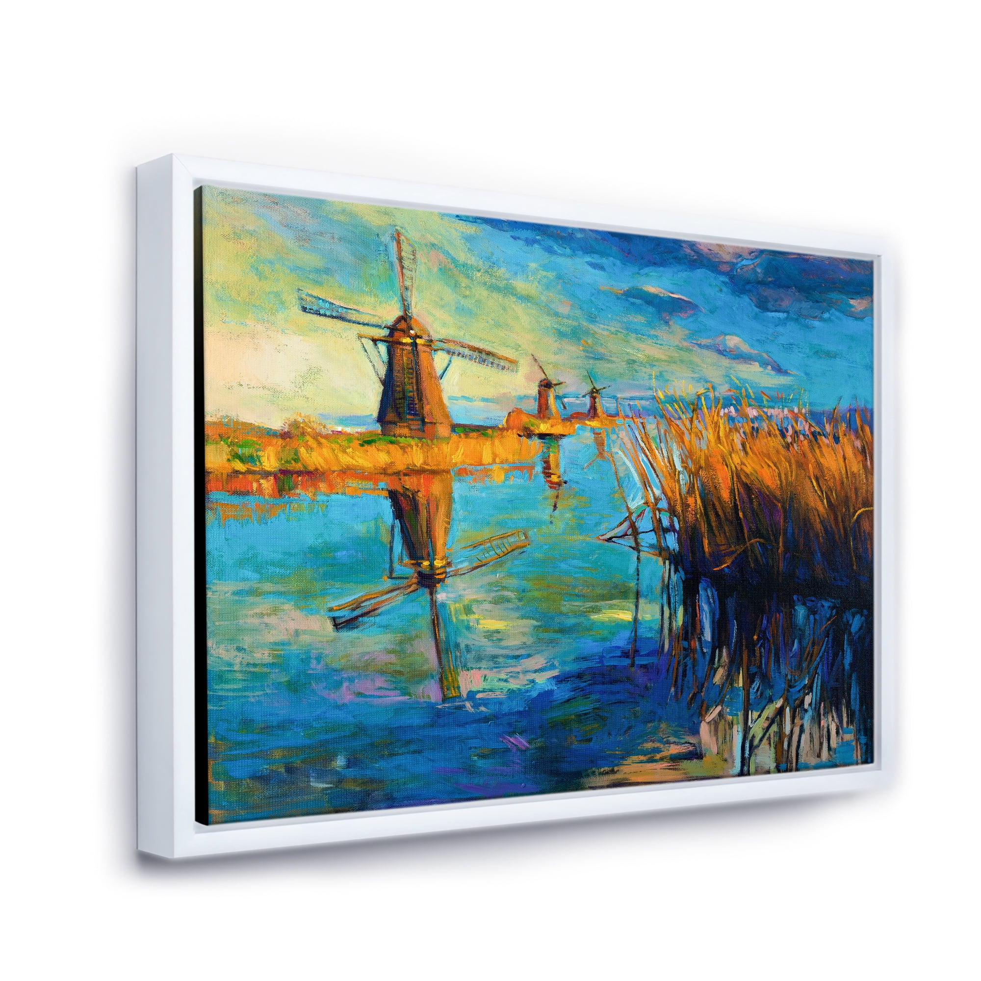 Designart 'The Deep Blue Lake And Windmills' Nautical & Coastal Framed Canvas Wall Art Print