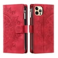 thumbnail image 3 of Nalacover for iPhone 12/12 Pro Embossed Floral Pattern PU Leather Crossbody Case with Shoulder Strap,Shockproof Magnetic Flip Kickstand Credit Card Slots Zipper Pocket Wallet Phone Case,Red, 3 of 10