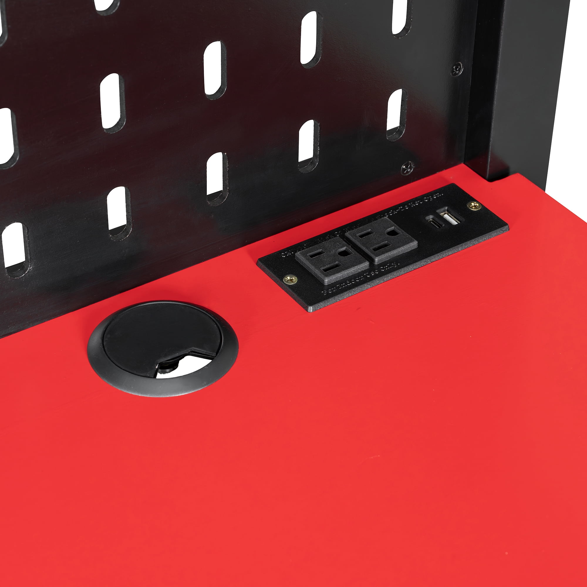 Mintazer Full Size Gaming Loft Bed with LED Lights, Charging Station, Desk, Pegboard and Storage Shelves for Boys Girls, Black & Red