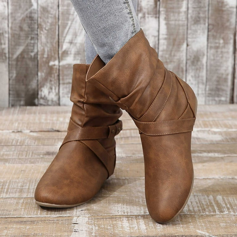 Women's Buckle Ankle Boots Flat Slouch Boots Faux Leather Buckle