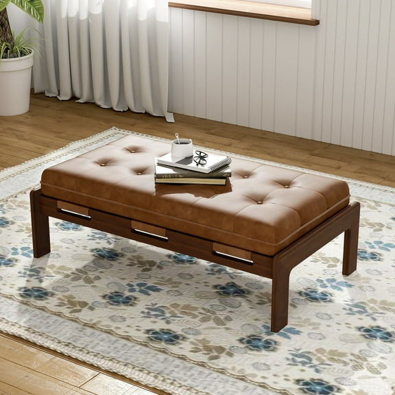 Christopher Knight Home Modern 48.4" Ottoman Bench, PU Leather Button-Tufted Cocktail Ottoman, Brown