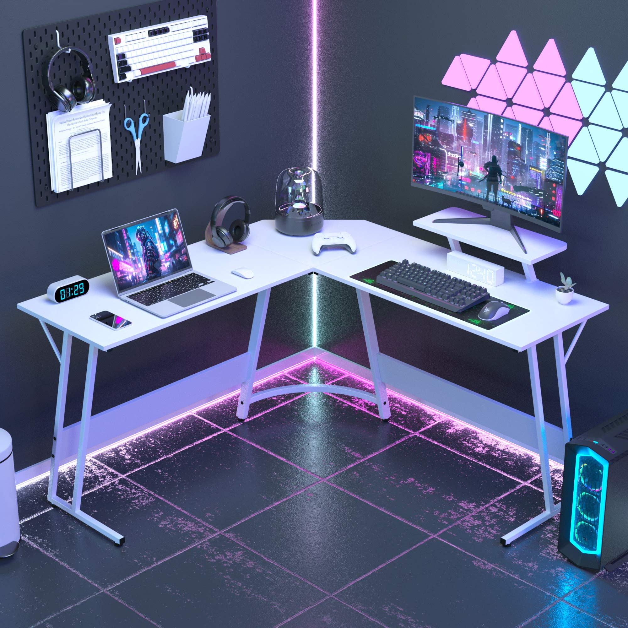 CL.HPAHKL L Shaped Gaming Desk, Corner Computer Desk with Large Desktop PC Gaming Desk Table with Large Monitor Riser Stand 50 Inch Computer Table Desk for Home Office Gaming Writing Study, White