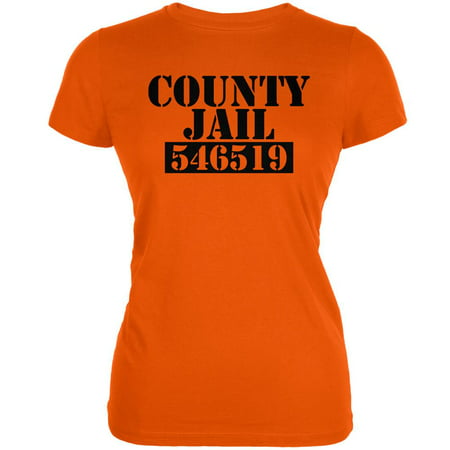 Halloween County Jail Inmate Costume Orange Juniors Soft T-Shirt -