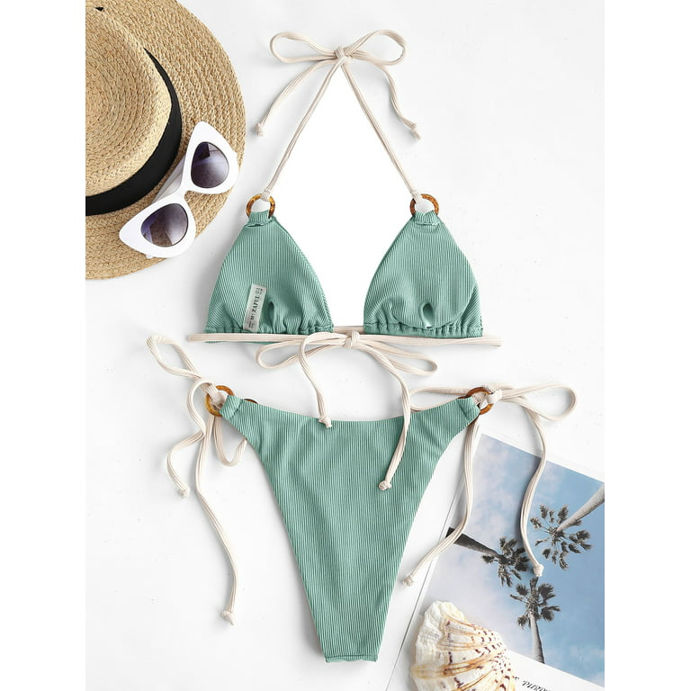ZAFUL Women'Swimsuit O Ring Ribbed Contrast Strap String Bikini Swimwear  Light Green S 