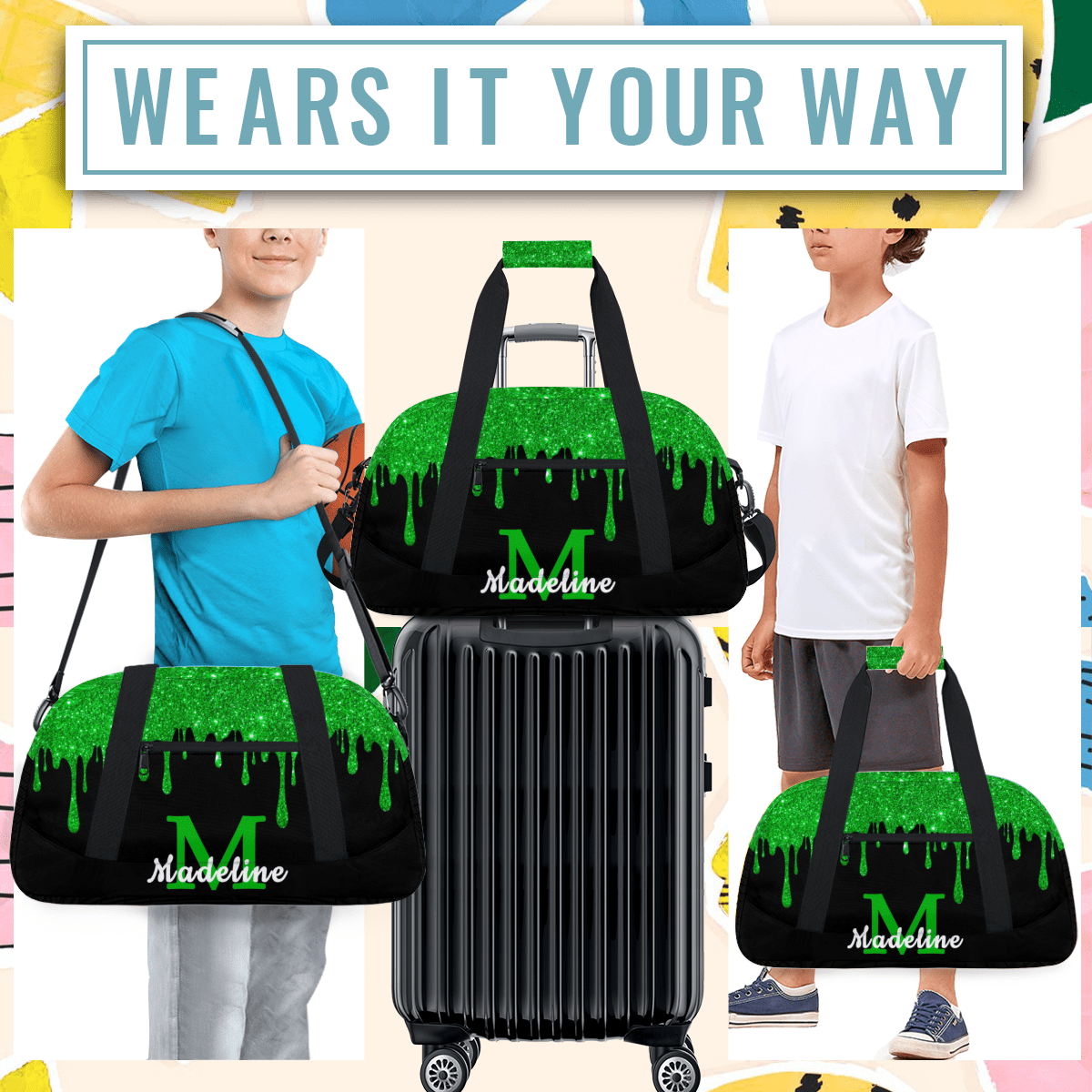 Herdesigns Personalized Sports Duffel Bag with Name Custom Weekender Overnight Bag Gym Bag Travel Dance Gymnastics Duffel Bag, Green