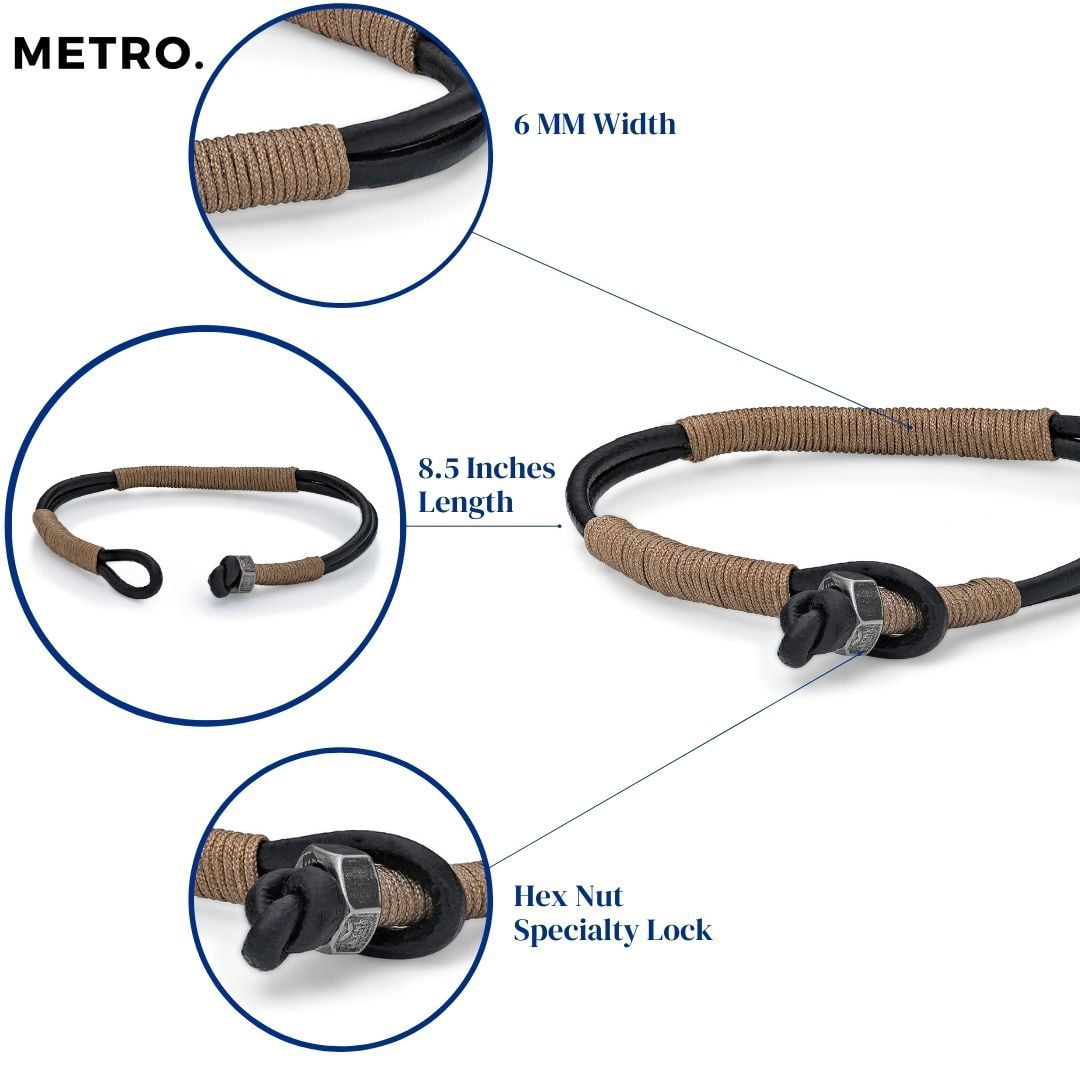 Metro Jewelry 8.5 Inches Long Beige Cord Wrapped Bracelet for Men with Thin Smooth Dual Band Genuine Leather 6 mm Wide Specialty Lock