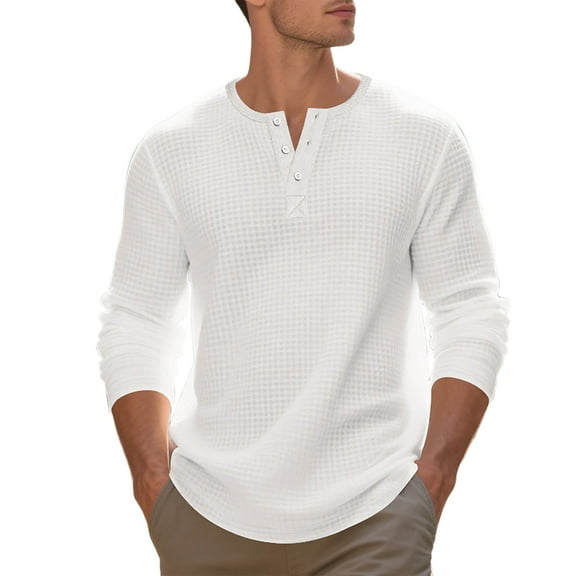KHONTS Men's Henley Long Sleeve Shirts Waffle Button up T-Shirt Lightweight Thermal Undershirts White XL