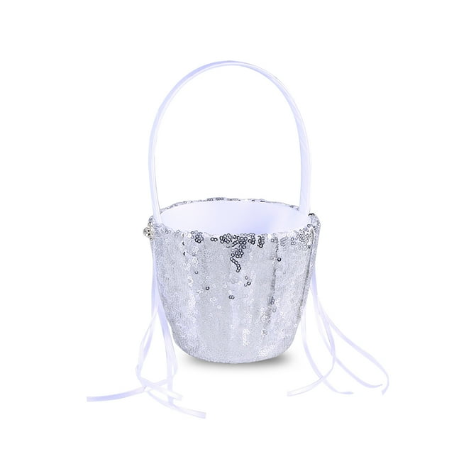 KAKOWELY Cesta vintage para niña de las flores con cinta de lentejuelas plateada