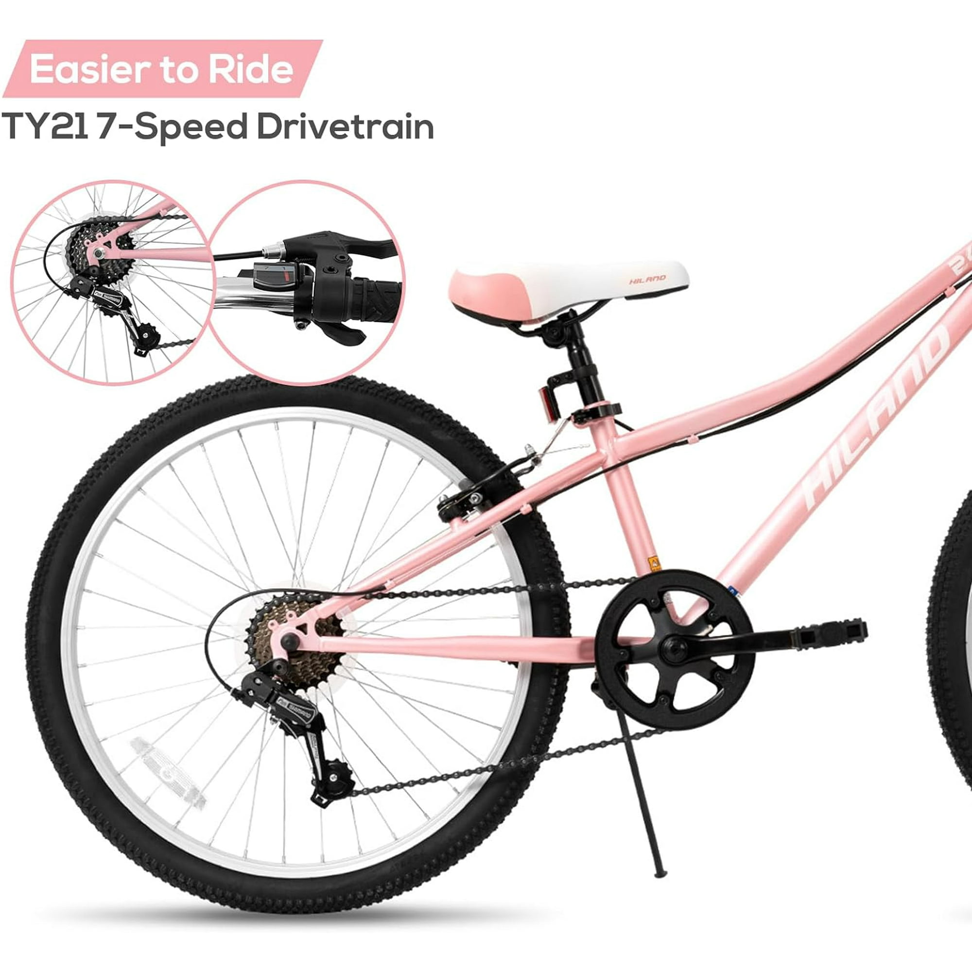 Hiland 24 Inch Mountain Bike Shimano 7 Speeds For Teenager With Suspension Fork Mint Pink Pink 24