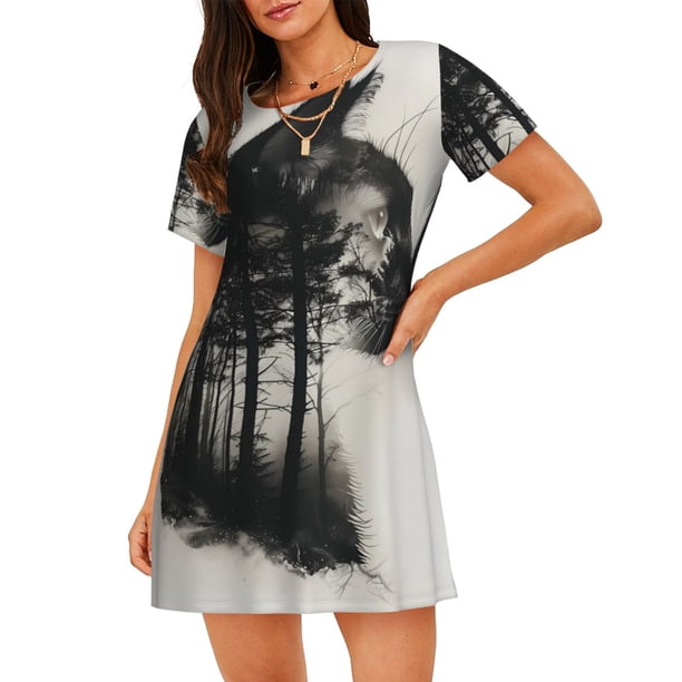 Fotbe Double Exposure Cat Forest Bata de Dormir para Mujer con Estampado, Camisón de Algodón de Manga Corta, Ropa de Dormir Casual