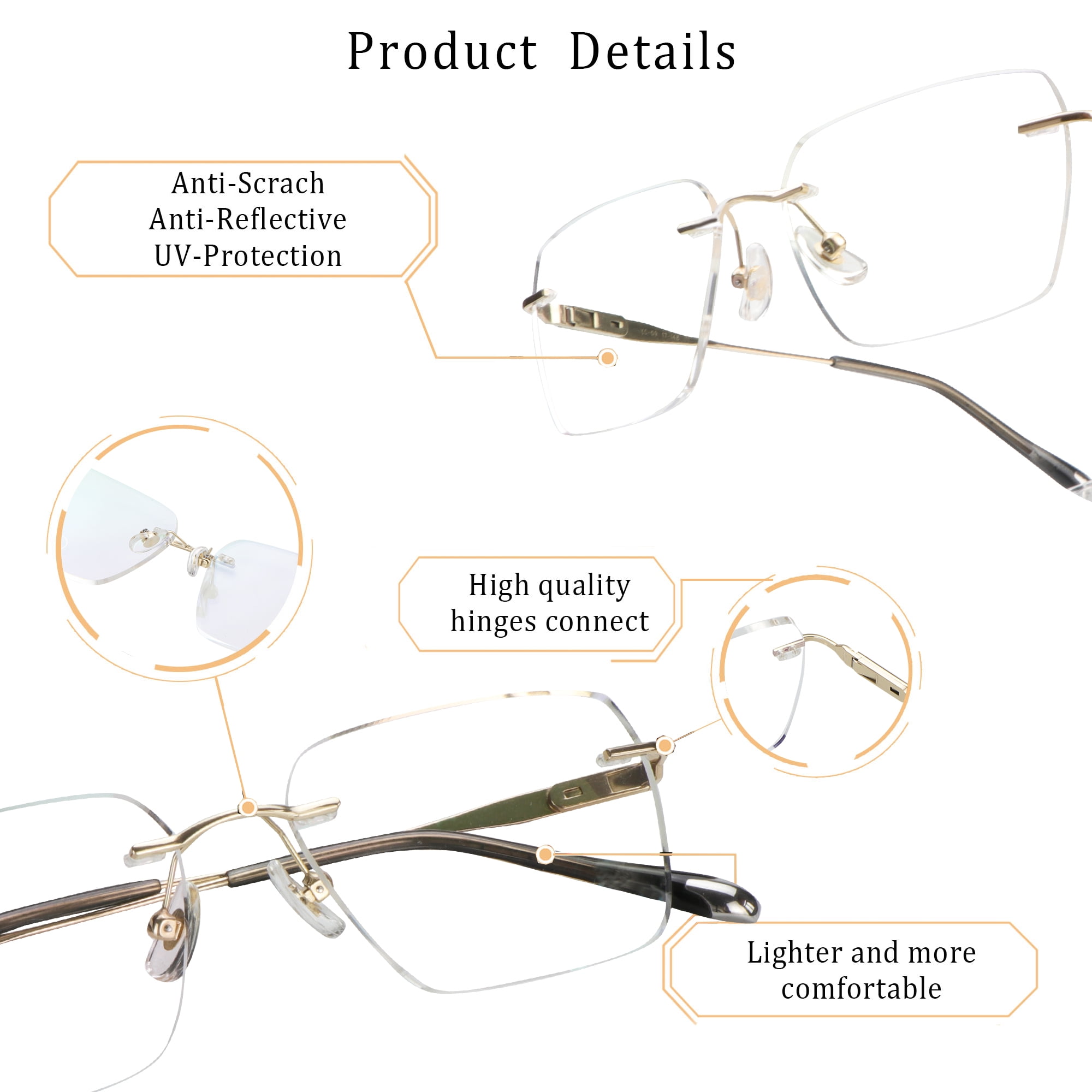 LifeArt Blue Light Blocking Glasses,Computer Reading Glasses,Alloy Rimless Frame,Stylish for Men&Women(Golden,+2.00 Magnification)