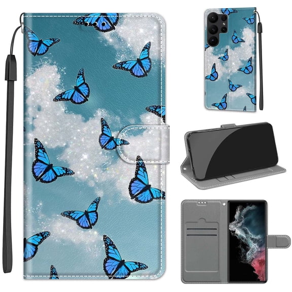 for Samsung Galaxy S24 Ultra Wallet Case,PU Leather Flip Folio Case with Card Holder&Wrist Strap Pattern Slim Magnetic Clasp Kickstand Protective Phone Cover for Men Women,White Cloud Blue Butterfly