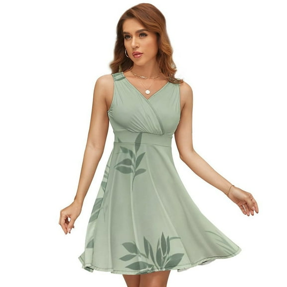 Sage Green Leave Dress Fashion Beach Long Dresses Female Party Printed Sundress