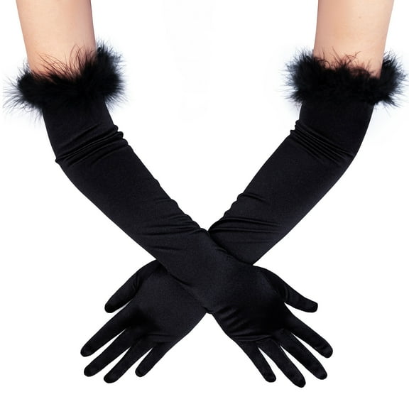 BABEYOND Long Satin Opera Gloves Pageant Feather Gloves 1920s Stretchy Elbow Gloves for Halloween Costume Evening Party