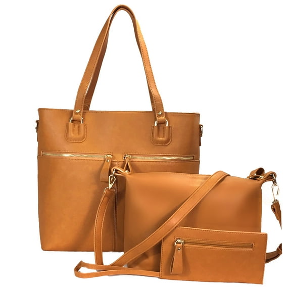 Zzfab 3 pcs Tote Bag Set Big Purse-Brown