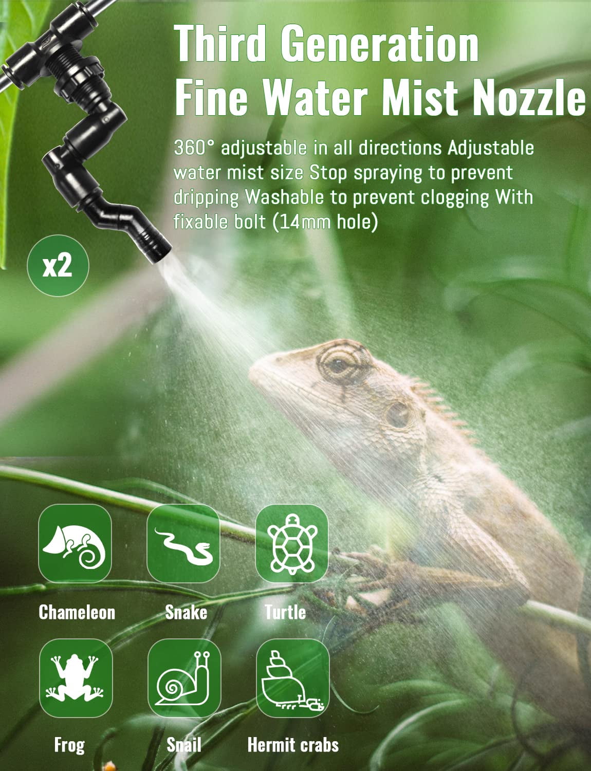 Automatic Reptile Mister Timer System, Quiet Terrarium Fogger Humidifier, Fine Mist Nozzles Water Shortage Protection for Reptiles Amphibians Chameleons