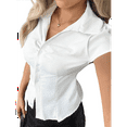 thumbnail image 2 of Women's Ruched Button Up Blouses Collar V Neck Short Sleeve Work Shirts White L, 2 of 8