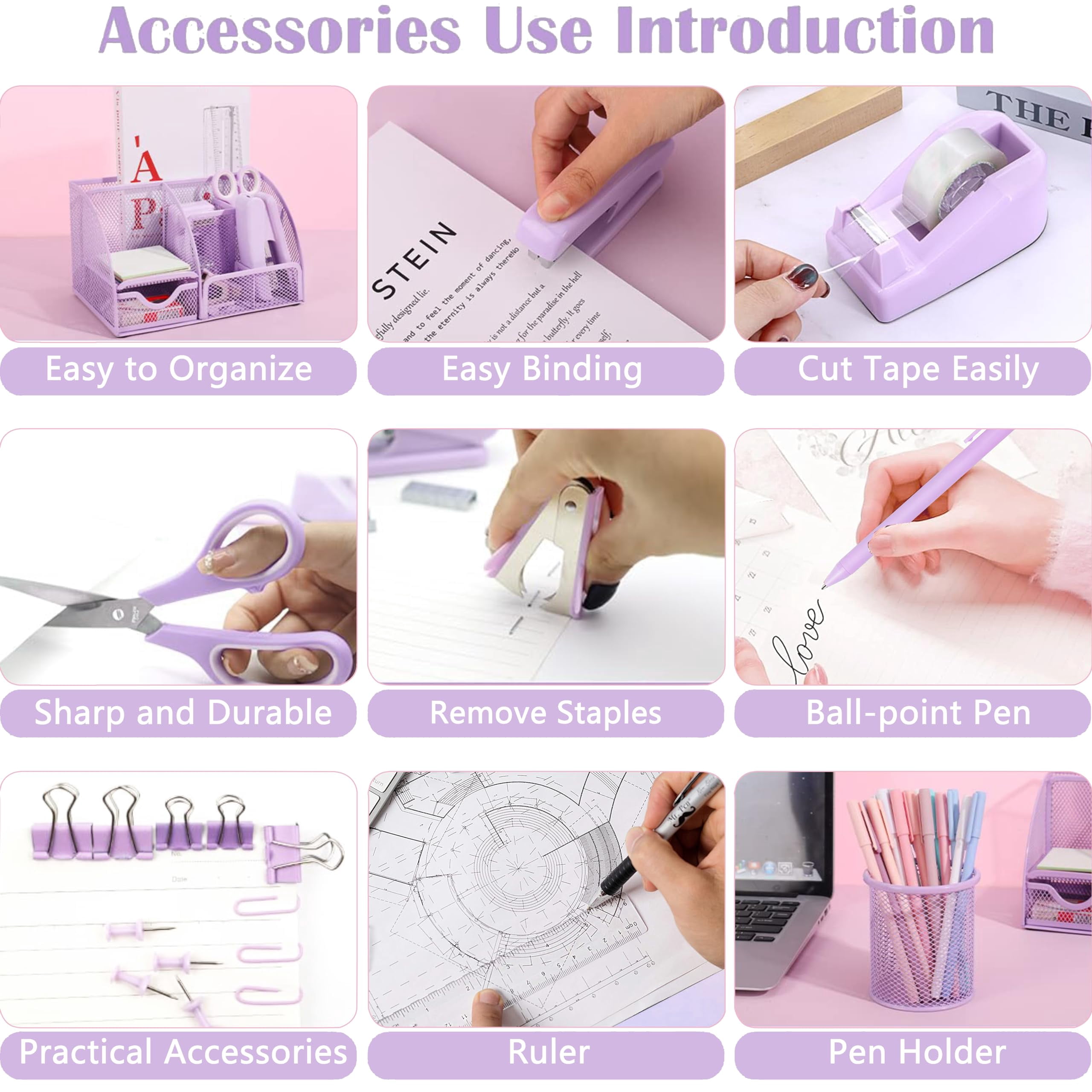 Purple Office Desk Accessories Supplies  12pcs Organizers And With Tape Dispenser Stapler Staples Staple Remover Pen Holder Scissor Ruler Sticky Tabs Ballpoint Clips Set