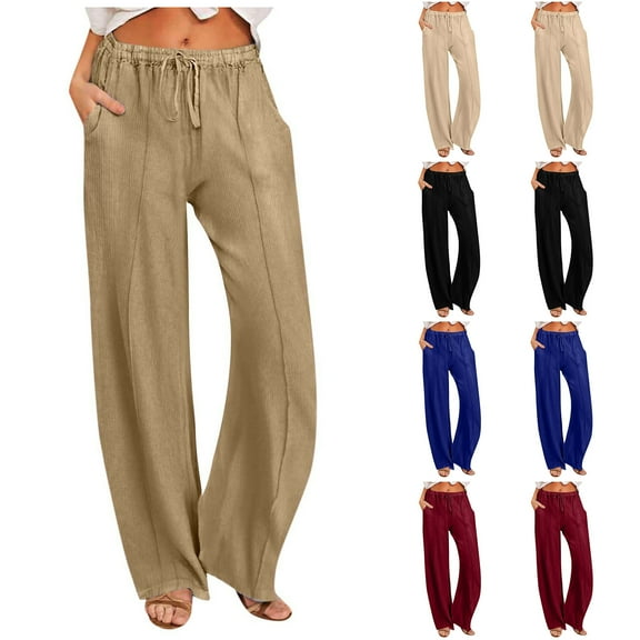 Scyoekwg Lightweight Wide Leg Pants for Women Casual High Waist Drawstring Loose Fit Baggy Pants Travel Vacation Pants with Pockets (Black,L)