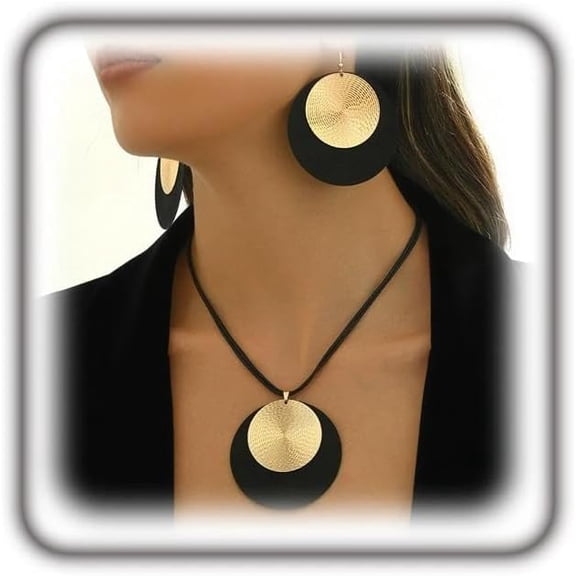 Vintage Geometic Disc Necklaces Earrings Sets for Women,Trendy Statement Pendant Necklaces Drop Earrings,Black Gold Round Jewelry Sets Gifts for Birthday