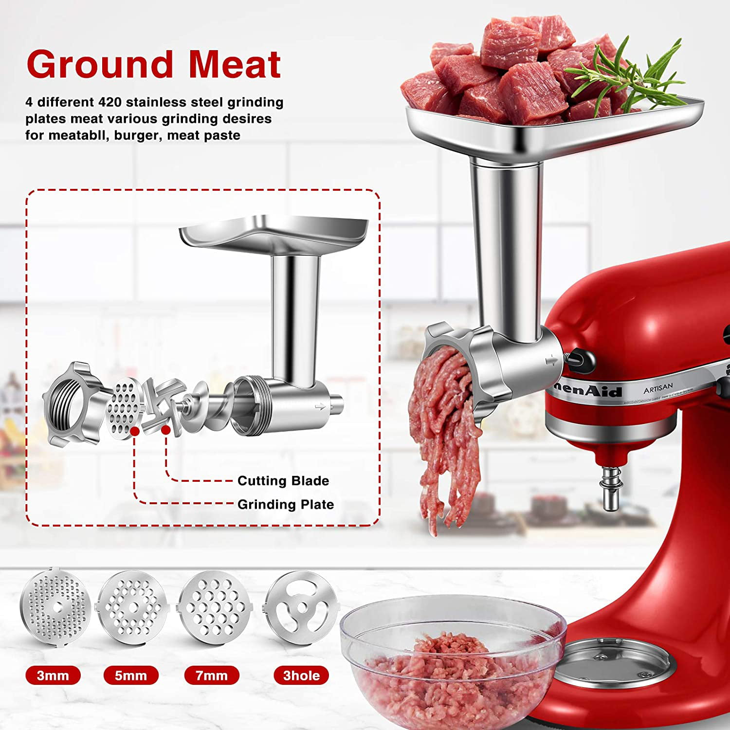 Newsets Upgraded Metal Food Meat Grinder Attachment for KitchenAid Stand Mixer, KitchenAid Meat Grinder Attachments Including Sausage Stuffer & 4