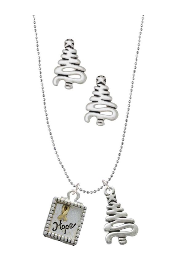 Two-tone Shadow Box ''Hope'' with Ribbon Silver tone Zig Zag Christmas Tree Charm Necklace and Stud Earrings